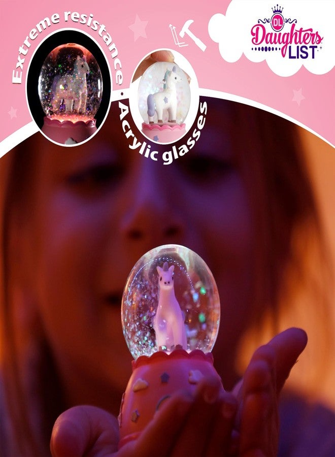 DAUGHTERS LIST كرة ثلجية صغيرة غير قابلة للكسر على شكل وحيد القرن - كرة بلاستيكية مطلية يدويًا مع أضواء، زينة لامعة براقة، فكرة هدية رائعة لأعياد الميلاد والكريسماس، صغيرة جدًا للأطفال الصغار - Image 5